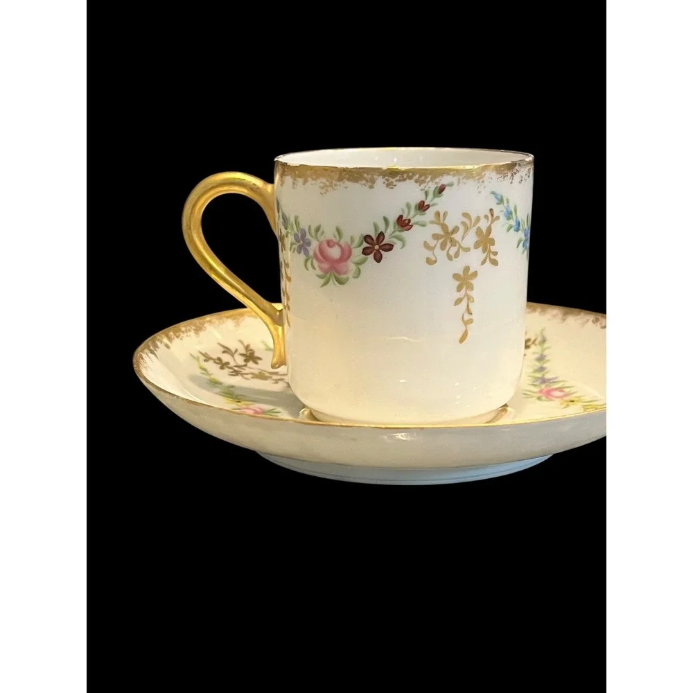 Haviland & Co Limoges France Floral Gold Gilt Demitasse Cup and Saucer Set